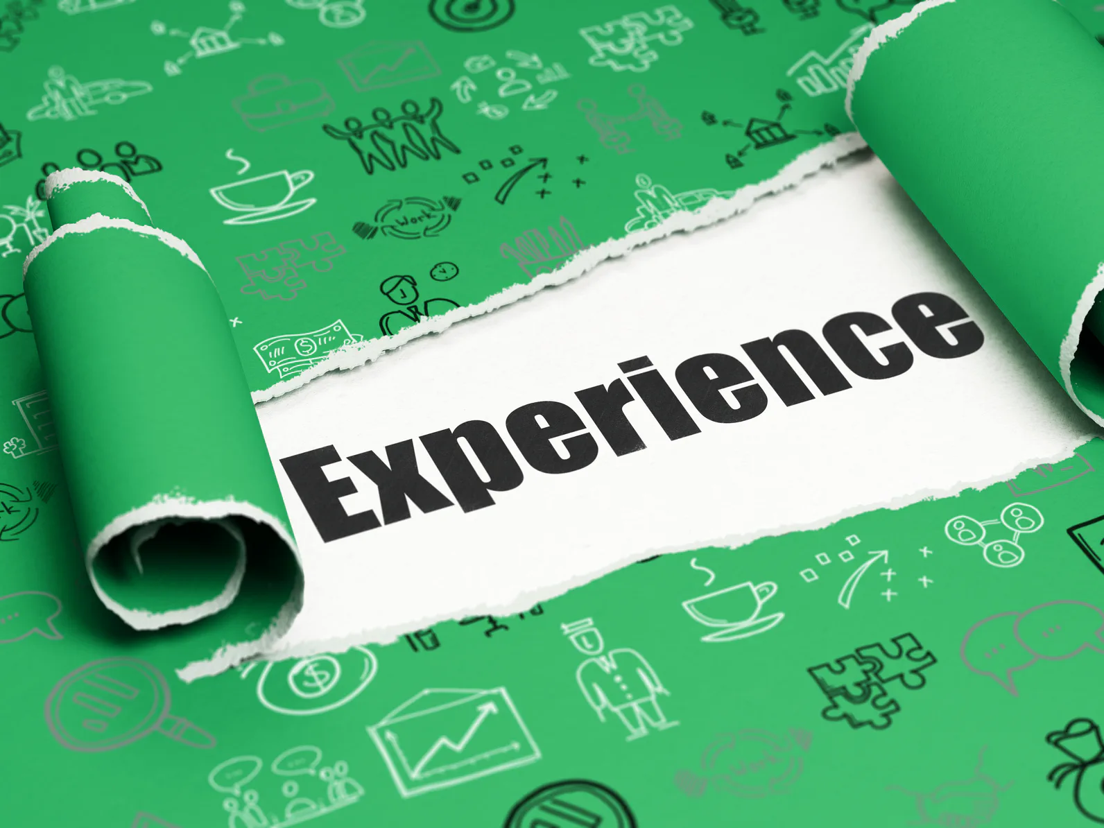 business symbols on green paper with section ripped open to show Experience behind